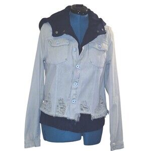 Free People Women's Jacket Large Layer Denim Hooded Weave Distress Teen Wolf